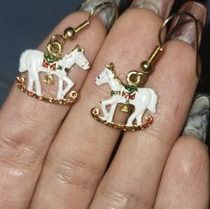 White Rocking Horse Earrings with Gold Accents